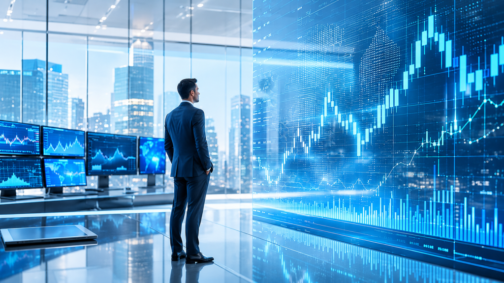Imagen corporativa de tecnología financiera con gráficos de bolsa digitales y un profesional analizando datos de inversión en una oficina moderna.