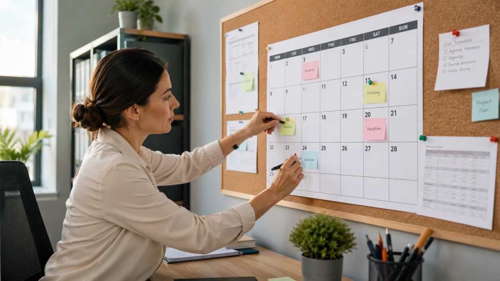 Profesional planificando los festivos laborales en una oficina frente a un calendario mensual colocado en un corcho.
