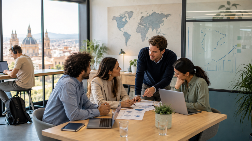 Equipo de emprendedores analizando oportunidades de crecimiento vinculadas a la Ley de empresas emergentes en España