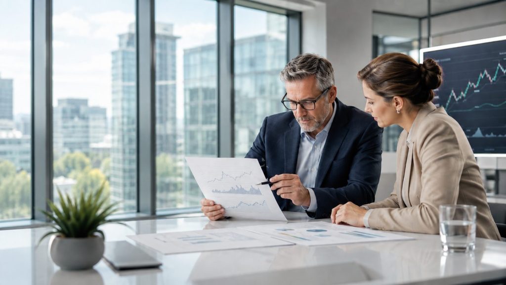 Profesionales analizan gráficos financieros y perspectivas económicas para 2025