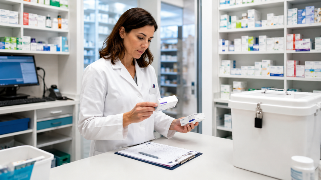 Farmacia con profesional revisando medicamentos | asesoramiento legal GSM&B