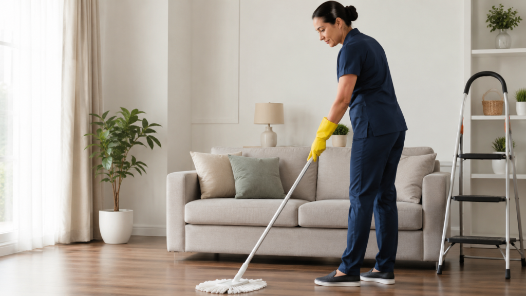 Persona trabajadora del hogar realizando tareas de limpieza en referencia a la prevención de riesgos laborales en el servicio del hogar familiar.
