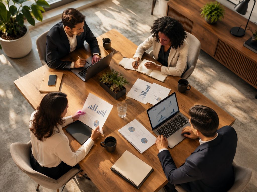 Equipo de consultoría de negocio en Elche analizando la estrategia y situación financiera de una empresa