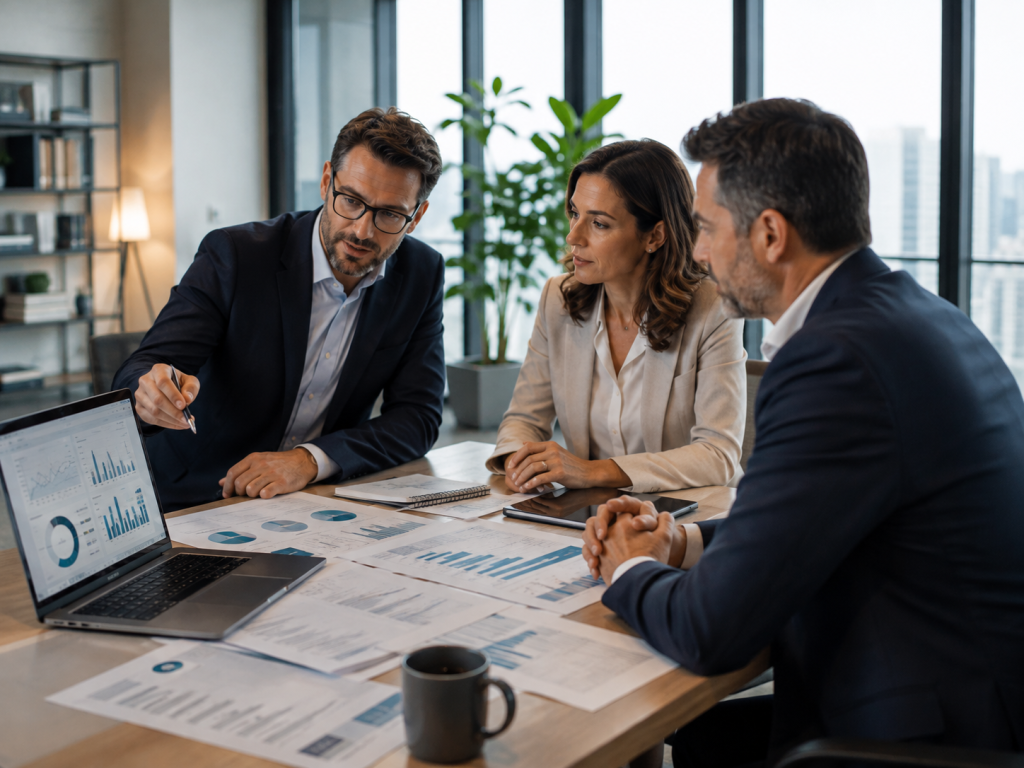 Profesionales de asesoría financiera de GSM&B en Elche revisando indicadores económicos